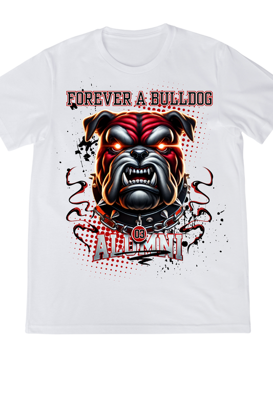 White t-shirt with a bulldog graphic and text 'Forever A Bulldog' on a white background