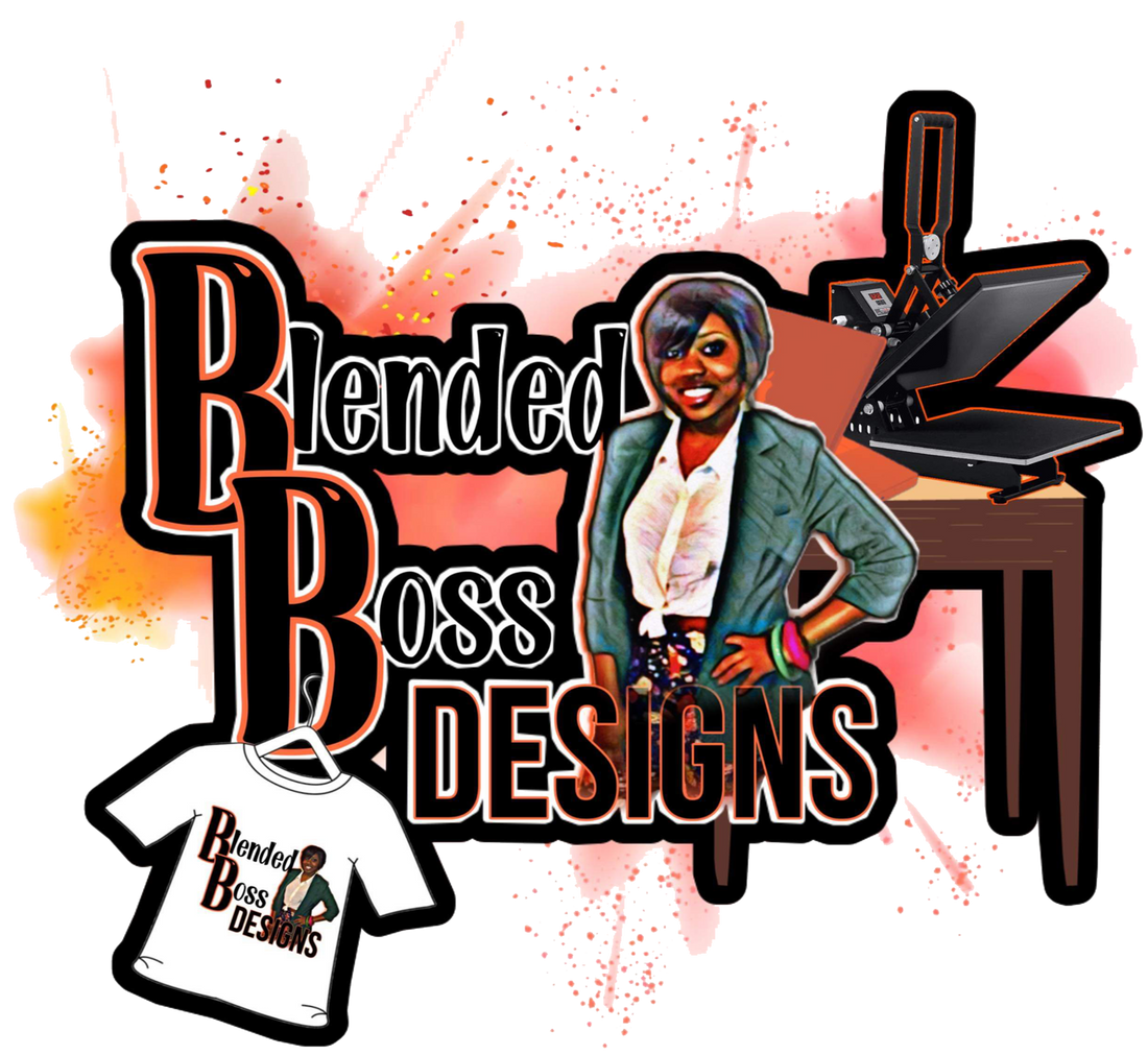 Logo for Blended Boss Designs with a person standing next to a piano on a white background.